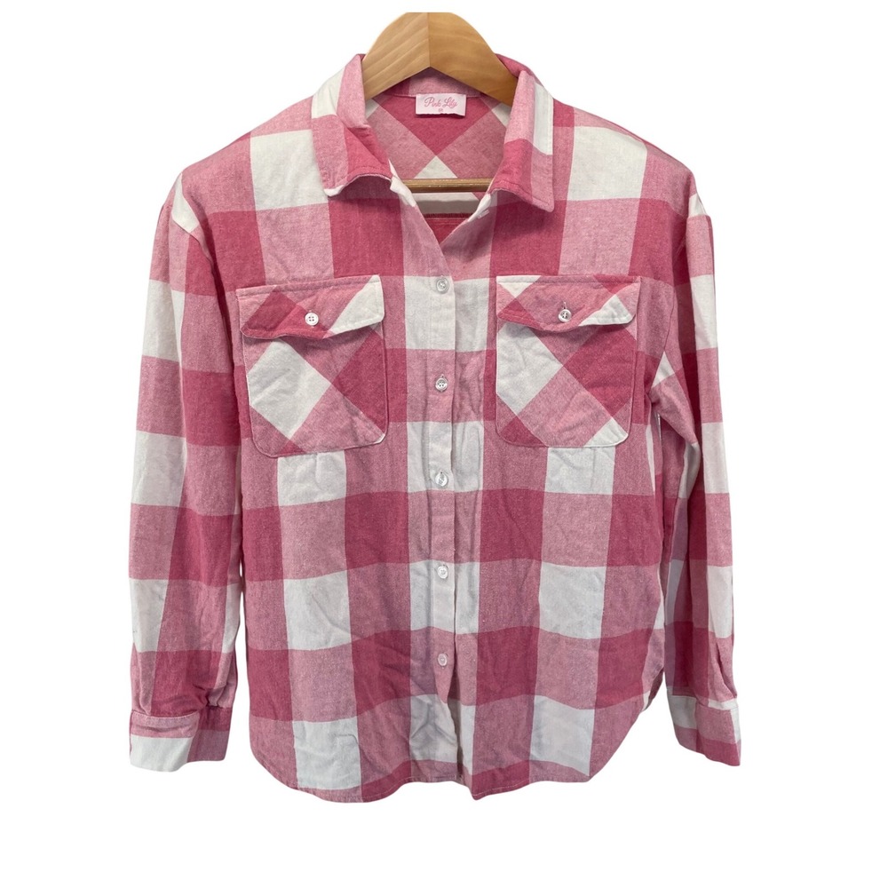 Pink Lily Pink White‎ Plaid Flannel Button Down Shirt Womens Medium Cottagecore